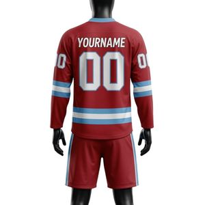 Men <b>Red</b> Blue Sublimated Ice Hockey V Neck Striped Jersey Shorts Set Polyester Sports Uniform Match Training Performance Clothing - Product Image 2
