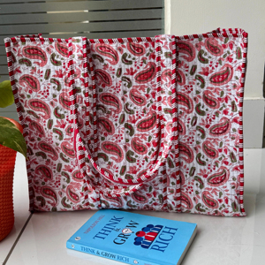 Quilted Cotton <b>Small</b> Tote Bag Eco-Friendly Sustainable Sturdy Grocery Shopping Handmade Vintage Block Printed Boho Summer Winter - Product Image 1