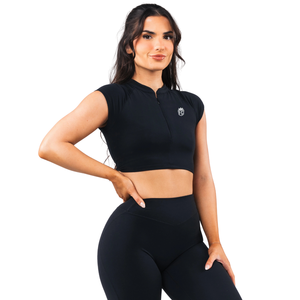 Womens Seamless Cap Sleeve Zip Sports Bra <b>High</b> <b>Neck</b> Yoga Fitness Activewear Stretch Support Lightweight Training <b>Top</b> Black - Product Image 1
