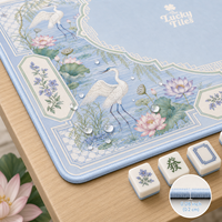 Tapis de Mahjong et de Poker Américain Personnalisé de Luxe en Néoprène Bleu Chinoiserie Grue Lotus, 33 Pouces, Pliable, Portable, Écologique, Boutique