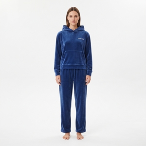 Ensemble sweat à capuche et pantalon de jogging en velours bleu pour femme, coupe décontractée, longueur intégrale, couleur unie, taille à cordon, poches, tenue d'hiver - Product Image 1