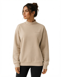 Sudadera Beige de Cuello Alto para Mujer, Manga Larga, Logotipo Bordado, Tejido de Algodón y Bambú, Estilo Casual, para Otoño - Product Image 1