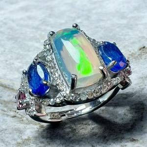Natural Ethiopian <b>Opal</b>, <b>Blue</b> Sapphire And Pink Tourmaline Gemstone With Single Cut Diamond 925 Sterling Silver <b>Ring</b> - Product Image 2