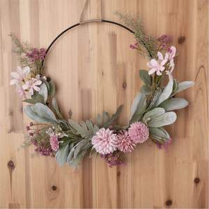 Guirnalda Floral Rosa para Colgar en la Pared, Aro Metálico, Dalias y Flores de Oreja de Cordero, Decoración de Primavera/Verano para Entrada del Hogar - Product Image 1