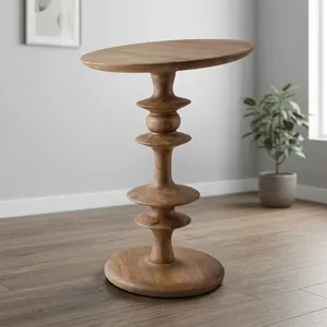Mesa Auxiliar Moderna de Madera Maciza con Base Escultural Tallada a Mano, Mesa Redonda Decorativa para Sala de Estar o Dormitorio - Product Image 6