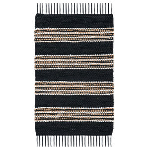 Alfombra vintage tejida a mano de cuero/yute/algodón a rayas, conjuntos de alfombras negras/beige - Product Image 2