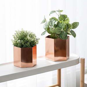 Handcrafted Metallic Shiny Copper Tone Metal Indoor Plant Vase <b>Pot</b> with Hexagon Shape, Decorative <b>Succulent</b> Cactus Planter - Product Image 4