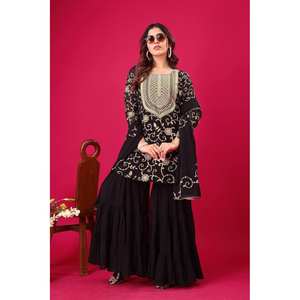 Top de soirée pour femmes de créateur-Ensemble Sharara et Dupatta Broderie lourde Travail Look élégant - Product Image 5