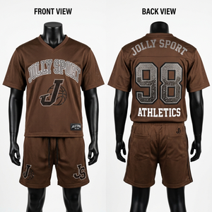 ชุดเสื้อและกางเกงขาสั้นผ้าเจอร์ซีย์ตาข่ายโพลีเอสเตอร์พรีเมียม 320 GSM สีน้ำตาล ประดับด้วยคริสตัลรูปทรงต่างๆ พร้อมบริการสกรีนโลโก้ตามสั่ง ชุดกีฬาสำหรับผู้ชาย - Product Image 1
