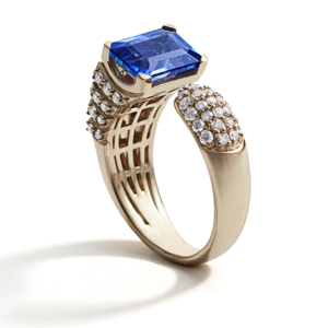 Luxury Women 18K Solid <b>Gold</b> <b>Cocktail</b> <b>Ring</b> With Blue Sapphire And Round Brilliant Cut Diamond Geometric Design - Product Image 1