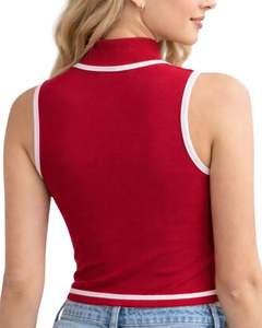 Camiseta sin mangas personalizada para mujer, roja, con cuello alto acanalado y diseño de ondas con pedrería, para verano, fabricante personalizado - Product Image 4