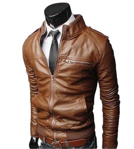 Veste en cuir PU marron pour homme, col montant, coupe ajustée, manches classiques, fermeture éclair, style motard, pour l'automne - Product Image 1