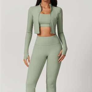 Women Three Piece Activewear Set Sage Green Stretch <b>Sports</b> <b>Bra</b> Jacket And Leggings Casual Fitness Wear For <b>Ladies</b> Slim Fit - Product Image 2