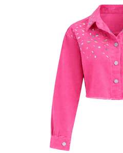 Veste en jean courte rose personnalisée pour femme avec empiècement orné de strass, boutonnée, manches longues, style streetwear décontracté - Product Image 5