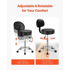 Sgabello Girevole Regolabile in Altezza con Schienale e Ruote in Pelle PU Rinforzata, Capacità di Carico 450 LBS, Arredamento per Salone - Product Image 4