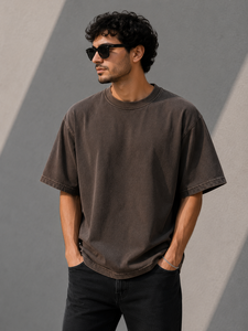 เสื้อยืดคอกลมทรงโอเวอร์ไซส์สไตล์วินเทจสำหรับผู้ชาย สีพื้น ย้อมสีแบบ Acid Wash ผ้าฝ้าย 100% สตรีทแวร์ลำลองสำหรับฤดูร้อน แบบถัก - Product Image 1