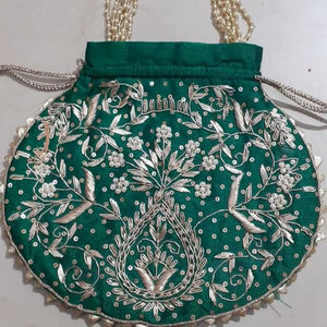 Floral Zardosi Embroidered <b>Green</b> <b>Silk</b> Potli Bag Pearl Bead Handle Women Wedding Party Drawstring Purse Evening Ethnic items - Product Image 1
