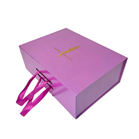 Boîte cadeau personnalisée écologique avec fermeture magnétique, poignée, couleur violette, logo en feuille d'or/argent gaufré, réutilisable pour l'emballage