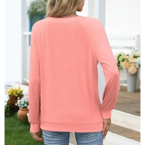 Sudadera de mujer vintage con estampado de rizo y bordado, informal, bonita, holgada, ligera, de manga larga y cuello en V - Product Image 2