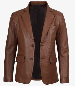 Men Brown Leather <b>Blazer</b> Notched Collar Single Breasted Regular Fit Full Length Sleeve With Front Two Pockets - Product Image 3