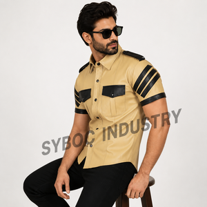 Camisa de Cuero para Hombre, Manga Corta, Beige, Camel, Negro, Contraste, Doble Bolsillo, Manga a Rayas, Estilo Safari, Casual, Vacaciones - Product Image 3