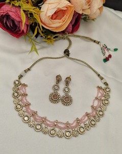 Delicate Crystal Beaded Kundan Necklace <b>Set</b> Antique Gold Plated Choker with Matching Earrings Designer Ethnic <b>Bridal</b> <b>Jewelry</b> <b>Set</b> - Product Image 1