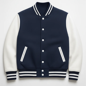 Men's Black Varsity <b>Jacket</b> White Sleeve Turn-down Collar Button Closure Casual Style Autumn Wear Solid Color Regular Fit - Product Image 2