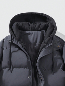 Chaqueta Acolchada Negra con Capucha para Hombre, Cierre de Cremallera, Resistente al Viento, Gruesa, Informal, para Invierno, Manga Larga, Corte Holgado - Product Image 3