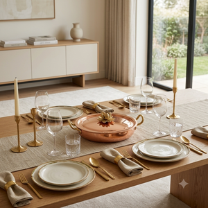 Plat de service peu profond en cuivre pur, finition lisse, avec bouton de couvercle en forme de fleur de lotus et poignées en laiton, vaisselle de luxe pour la maison et l'hôtel - Product Image 3