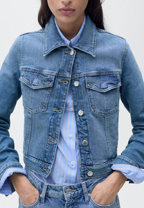 Women's Mid Blue <b>Cropped</b> <b>Denim</b> <b>Jacket</b> Button Closure Turn-Down Collar Long Sleeve Regular Fit Casual Jean <b>Jacket</b> - Product Image 6