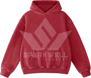 Sweat-shirt à capuche en molleton de coton rouge surdimensionné pour homme, couleur unie, avec poche, coupe classique, pour l'automne - Product Image 4