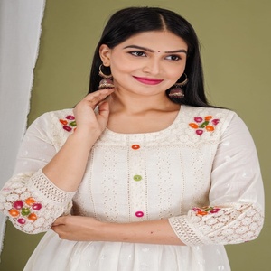 Chic Off White Cotton Dress with Multicolor Embroidery and Lace Hem Detailing for Stylish Everyday Elegance - Product Image 4