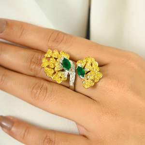 14K White <b>Gold</b> Art Deco Emerald and Yellow Diamond <b>Cocktail</b> <b>Ring</b> - Product Image 3