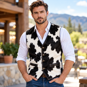 Gilet en cuir de vache véritable à poils pour homme |   Blouson de motard sans manches |   Gilet en cuir de vachette avec fourrure pour homme - Product Image 6