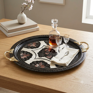 Bandeja Redonda de Cobre Esmaltado Negro de Lujo con Asas de Latón, Estilo Persa Otomano Antiguo, Plato Decorativo para Té - Product Image 4