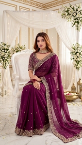 AARA Fashion Purple Embroidered Silk <b>Saree</b> <b>Blouse</b> Women Wedding Traditional Indian Pakistani Style Floor-Length Regular Fit Sun - Product Image 2