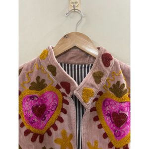 Hand Embroidered Knitted Velvet Cotton <b>Jacket</b> Women <b>Mandarin</b> <b>Collar</b> Full Sleeve Autumn Winter Bohemian Eye Pattern Open Front - Product Image 5