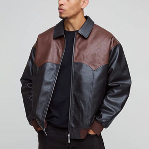 Men's Red Genuine Leather Vintage Patchwork Moto <b>Biker</b> Jacket Stand Collar Zipper Closure Regular Fit Solid Color - Product Image 2