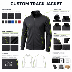 Veste de sport noire en polyester pour homme avec bordure vert citron, col montant, fermeture éclair, design sportif, logo personnalisé sur le devant - Product Image 5