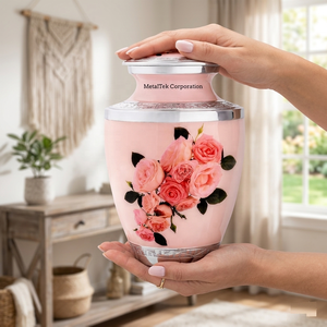 <b>Large</b> Adult Floral Cremation <b>Urns</b> Handcrafted Pink Rose Aluminum Funeral Memorial Decorative Metal Ashes Jars for Human Remains - Product Image 3