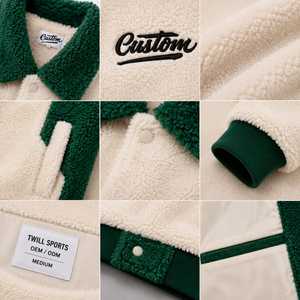 Men's Fleece Varsity Jacket Green White Color Block Embroidered Logo Turn-down Collar Casual Winter <b>Coat</b> <b>Heated</b> Windproof - Product Image 4