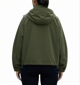 <b>Women's</b> Olive Green Breathable Short Crop <b>Windbreaker</b> Zipper Front Casual <b>Jacket</b> Full Sleeve Mandarin Collar Woven Polyester - Product Image 2