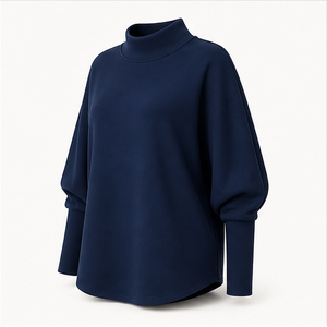 Sweat-shirt personnalisé bleu foncé pour femme, col montant, manches chauve-souris, poignets larges, ourlet incurvé, tunique WSS-0035 - Product Image 4