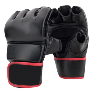 ถุงมือฝึกซ้อม MMA แบบครึ่งนิ้ว ทำจากหนัง พร้อมสายรัด สำหรับศิลปะการต่อสู้ ผู้ใหญ่ ใช้ได้ทั้งชายและหญิง บรรจุภัณฑ์แบบกำหนดเอง สีดำขอบแดง - Product Image 1