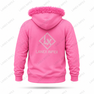 เสื้อแจ็คเก็ตฮู้ดดี้ผู้หญิงสีชมพูประดับเพชรเทียม พร้อมฮู้ดขนเฟอร์เทียม แขนเสื้อประดับหมุดและกระเป๋า ซิปยาวเต็มตัว สไตล์แฟชั่นสตรีทแวร์ - Product Image 3