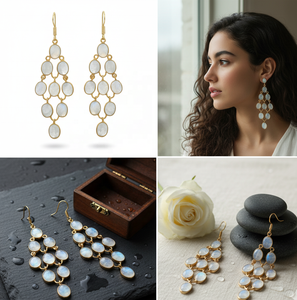 Pendientes largos de arcoíris blanco natural, joyería hecha a mano de moda chapada en oro de 18 quilates para mujeres y niñas - Product Image 4