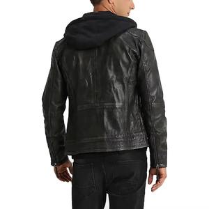 Blouson de motard en cuir noir personnalisé avec capuche en tissu amovible, poches zippées sur le devant, fournisseur en gros de vêtements de moto aux États-Unis - Product Image 3