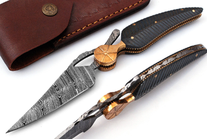 Couteau de poche pliant artisanal en acier Damas personnalisable avec manche en Micarta, style feuille, pour le camping et la chasse - Product Image 1