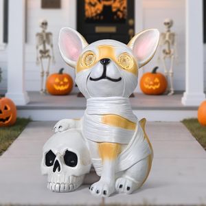 Statue de chien solaire d'extérieur pour Halloween, décorations de jardin, tenant un squelette avec des lumières, décoration d'Halloween haut de gamme - Product Image 2