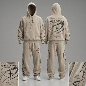 Ensemble de survêtement beige pour homme, sweat à capuche oversize et pantalon de jogging, streetwear, broderie personnalisée du logo, coton lourd - Product Image 3